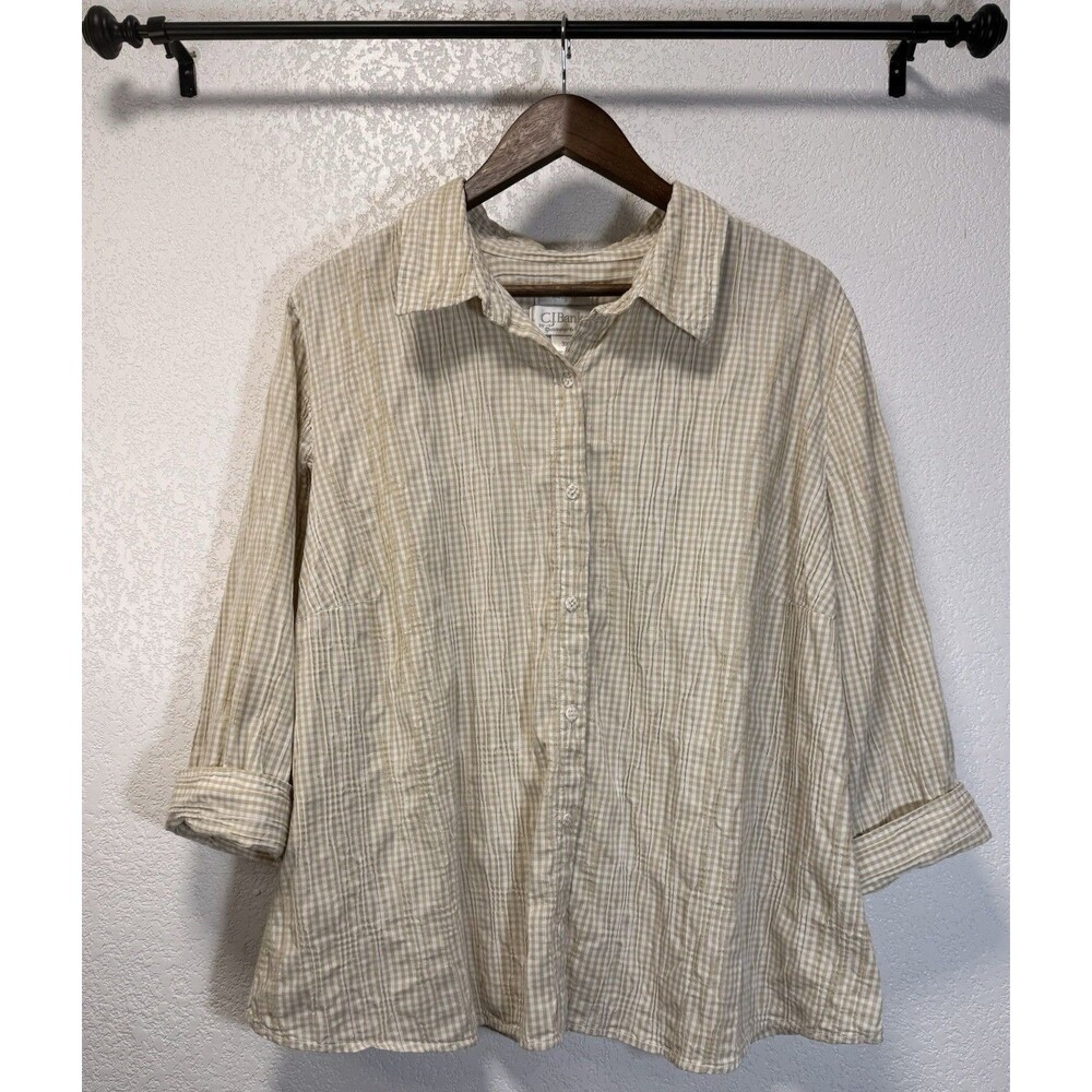 CJ Banks Women’s 3X Plus Stretch Gingham Shirt Beige White Cotton Blend 3/4 Slee